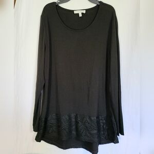 Chaus New York Womens Black Lace Hem Long Sleeve Tunic Boho Career Blouse Size L